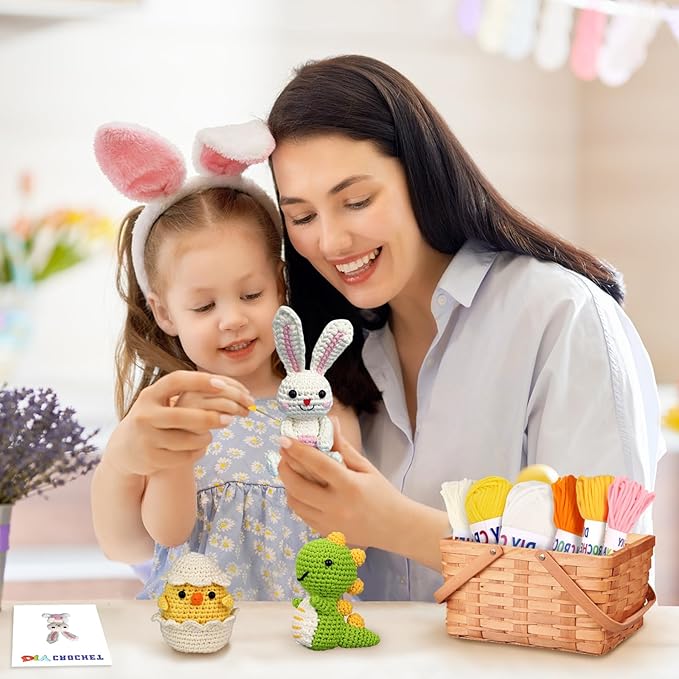 wokdsbl Crochet Kit for Beginners with Upgraded Premium Custom Yarn and Step-by-Step Video Tutorials, Ideal DIY Craft Gift, Crochet Animal Kits for Easter Egg Fillers (Bunny & Chick & Dinosaur)