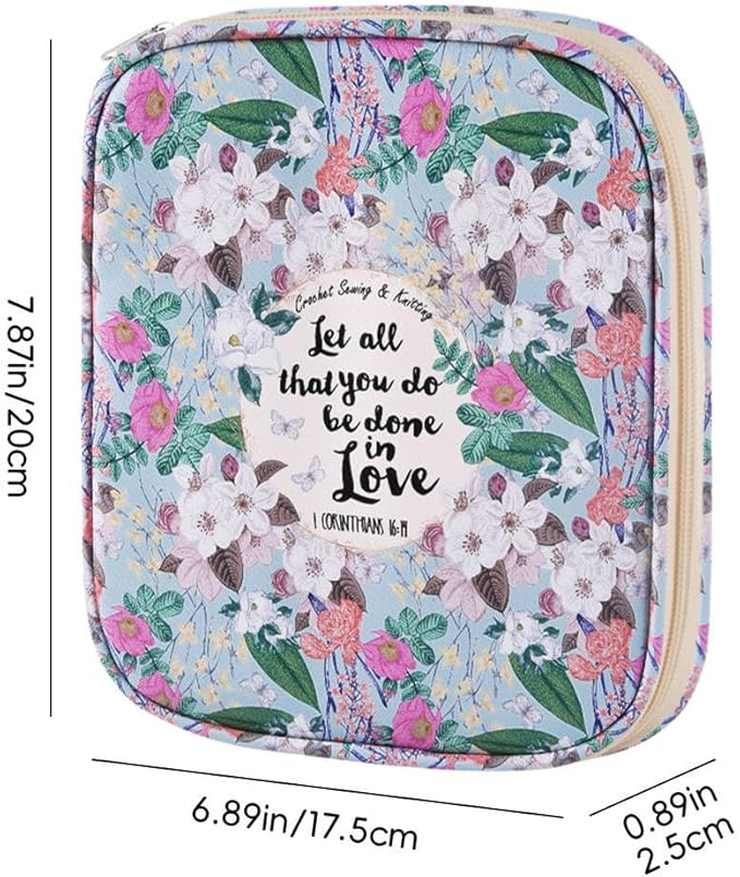 Crochet Hook Case,Portable Zipper Storage Organizer Bag for Crochet Hooks, Knitting Needles, Project & Sewing Supplies, Lightweight,Easy to Hold (No Accessories Included).Green White Flowers