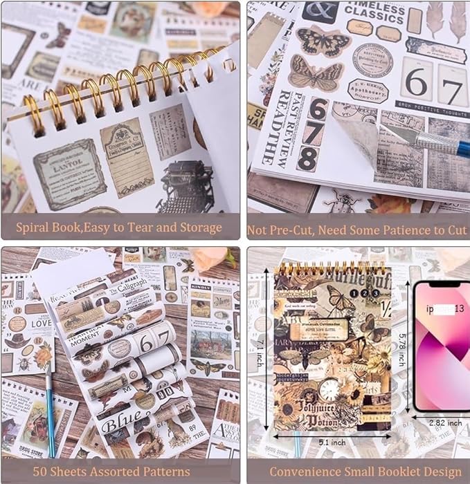 900Pcs Mini Scrapbook Washi Stickers for Journaling, 50 Sheets Vintage Sticker Book, Ephemera for Junk Journal Supplies Bullet Journals, Scrapbooking, DIY Crafts Arts