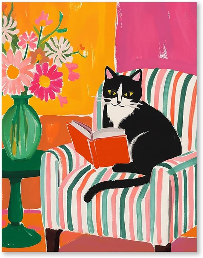 RLTXBUK Cat Cross Stitch Kits, Tuxedo Cat Reading Book Stamped Counted Cross Stitch Kits for Adults, Book Lovers Reader Gifts for Women, Pet Lover Gifts, 11.8x15.8 Inch