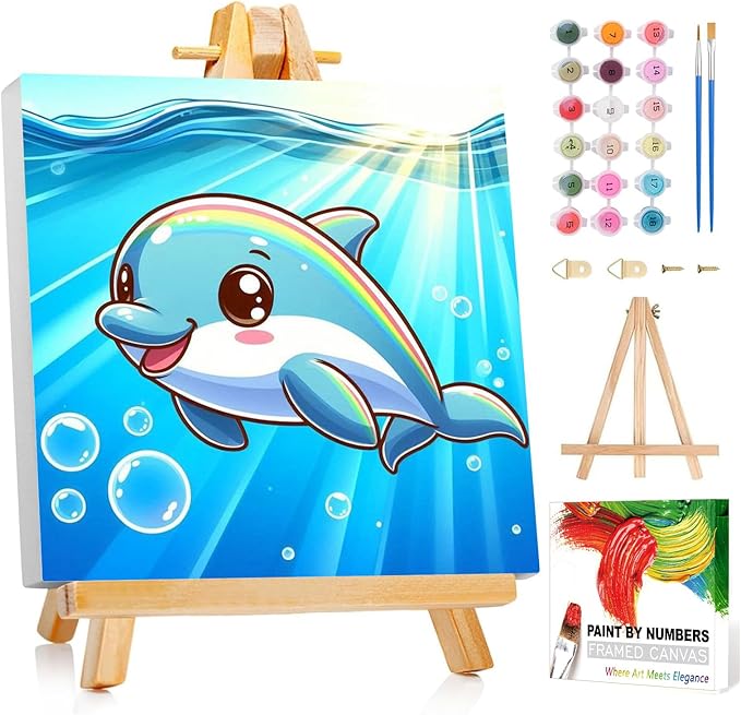 Reivworl Paint by Numbers Kit for Kids with Frame and Easel, Dolphin Paint by Number for Kids Age 6-8-12, Acrylic Paint by Numbers for Gifts and Home Decor (8X8inch)