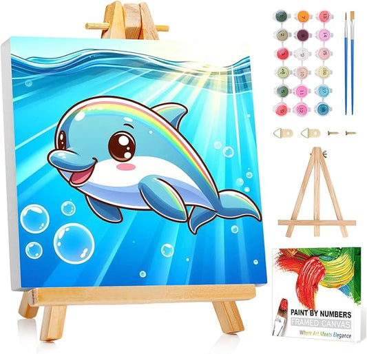 Reivworl Paint by Numbers Kit for Kids with Frame and Easel, Dolphin Paint by Number for Kids Age 6-8-12, Acrylic Paint by Numbers for Gifts and Home Decor (8X8inch)