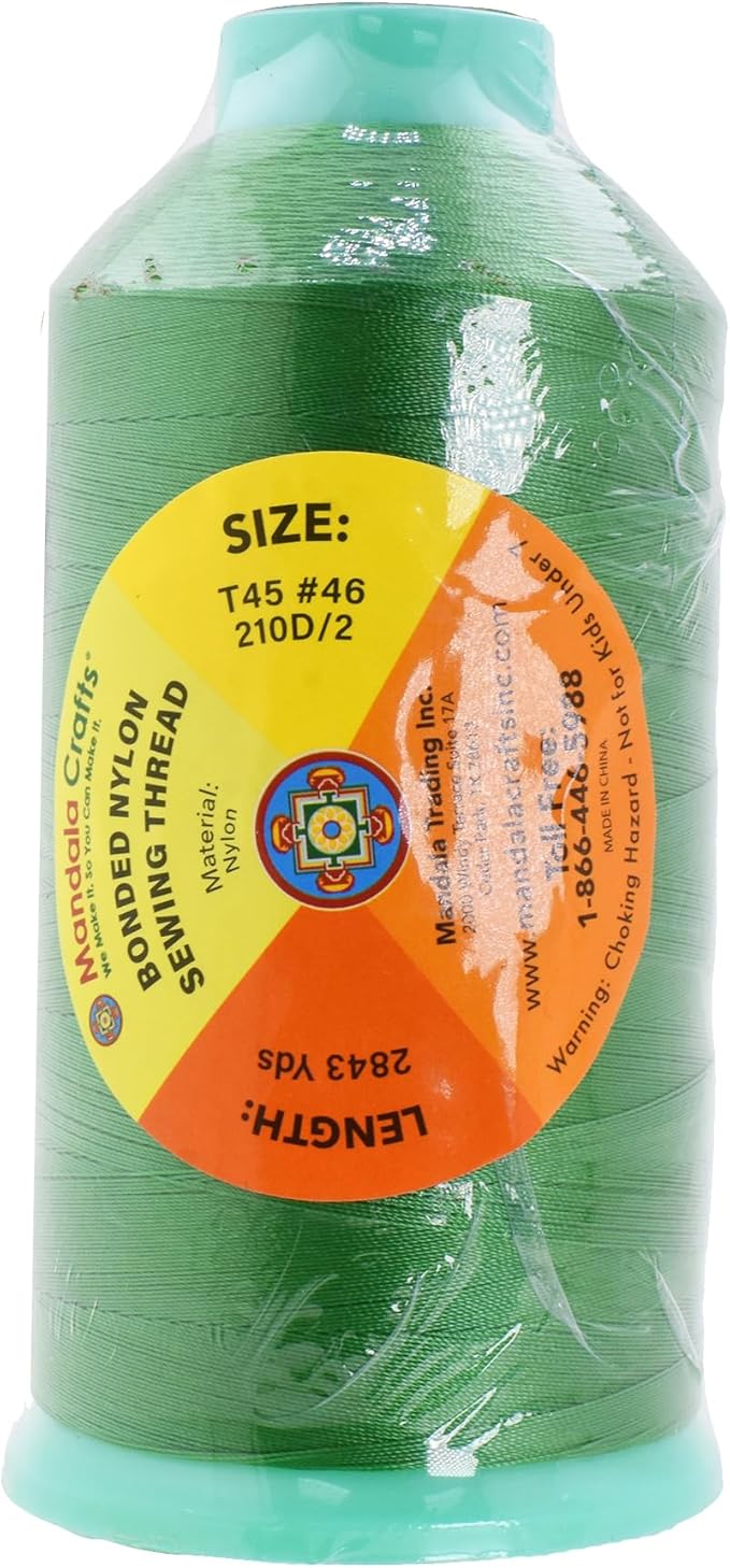 Mandala Crafts Size 46 210D T45 Bonded Nylon Thread - Green 2843 YDs Tex 45 Heavy Duty Sewing Threads for Leather, Jeans, Weaving, Outdoor Marine Upholstery