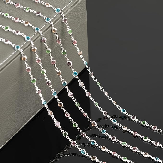 YOUBEIYEE 3 Yard Colorful Rhinestone Jewelry Chain for Jewelry Making Silver Plated Brass Chains Bulk with Jump Rings and Lobster Clasps