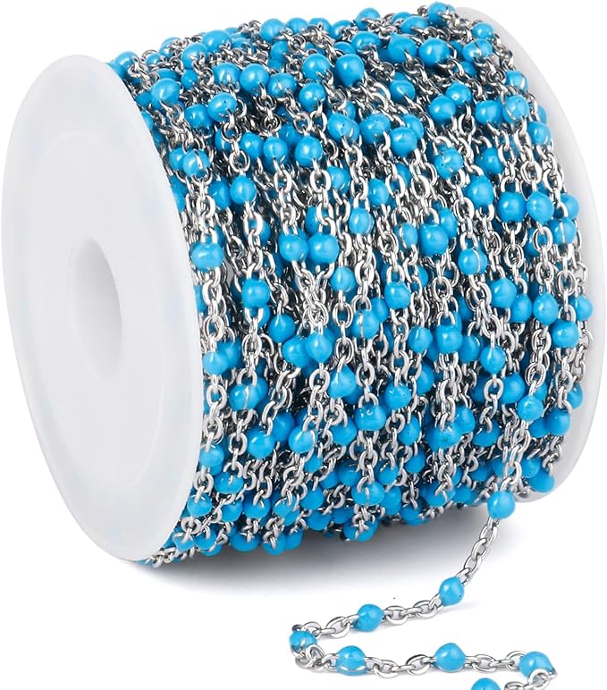 33 Feet Stainless Steel Enamel Chains Bulk, 2mm 304 Stainless Steel Light Blue Enamel Beaded Cable Link Chain Roll Spool for Jewelry Making