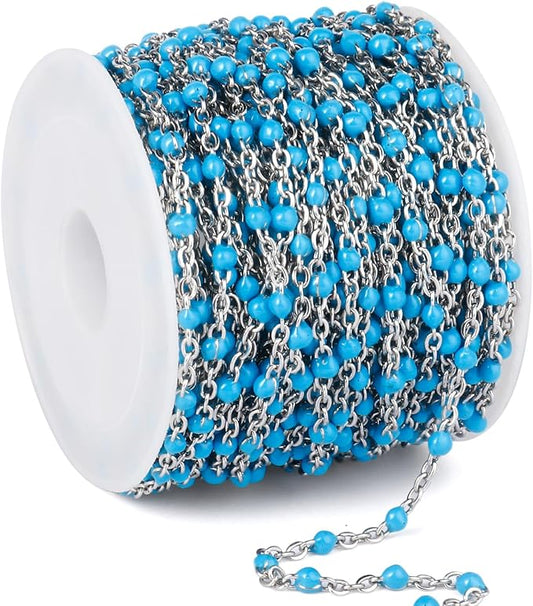33 Feet Stainless Steel Enamel Chains Bulk, 2mm 304 Stainless Steel Light Blue Enamel Beaded Cable Link Chain Roll Spool for Jewelry Making