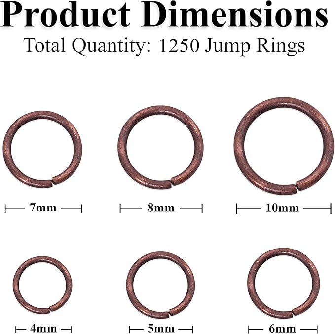 Mandala Crafts Assorted Antique Copper Color Jump Rings Jewelry Findings Metal O Rings for Jewelry Making Supplies - 1250 4mm to 10mm Small Open Jump Rings Kit for Necklace Earring