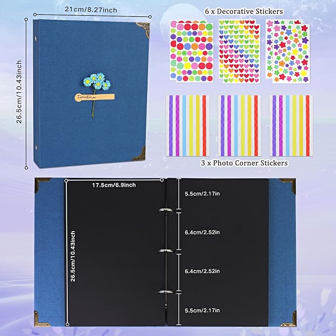 ZEEYUAN Journal Scrapbook Memories Photo Book Album 60 Black Pages Vintage DIY Photo Scrap Book Hardcover Scrapbook Gifts for Couples Anniversary Christmas Thanksgiving Valentines Day,Blue