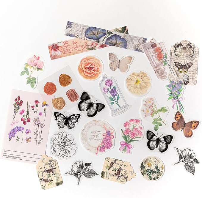 Alideco 260pcs Vintage Scrapbook Stickers Scrapbooking Paper Washi Junk Journaling Supplies Collage Album Aesthetic Cottagecore Picture Frames(Flowers Butterfly)