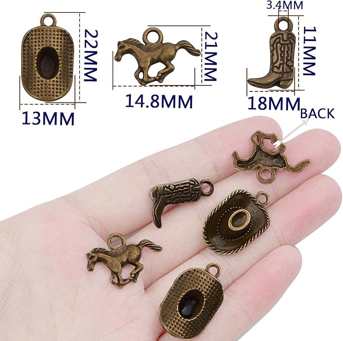 60pcs Antique Bronze Western Themed Cowboy Charms Tibetan Alloy Western Cowboy Hat Boot Horse Pendants Charms for DIY Bracelet Necklace Earrings Jewelry Making