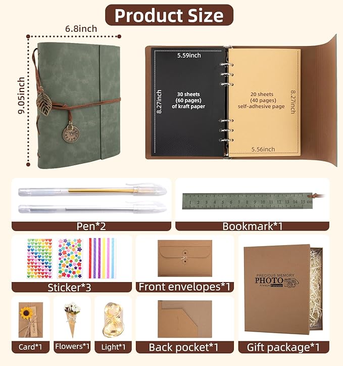 Scrapbook Photo Album 100 Pages, 60 Pages Self Adhesive+40 Pages Kraft Paper DIY Photo Book for 2x3 3x5 4x6 5x7 Pictures, Leather Memory Book for Wedding Baby Family Travel Birthday Christmas