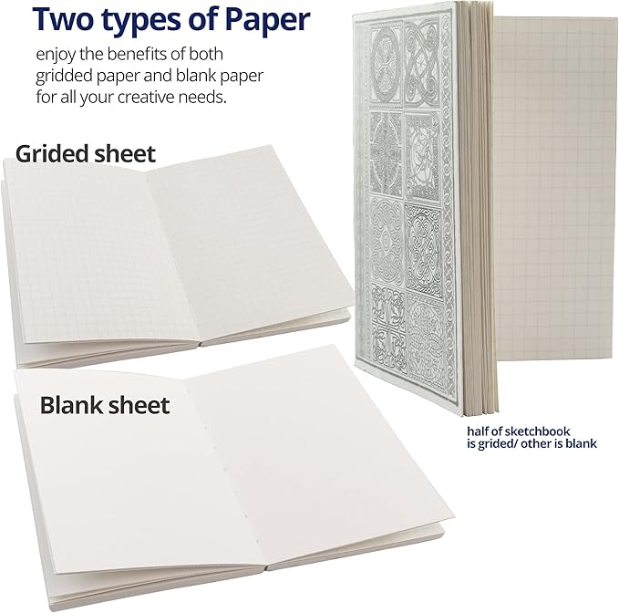 Pacific Arc LayFlat Sketchbook - 3.75 x 5.3 Inches - Celtic Blank Note Book, 64 Sheets, Thick 100gsm Paper, for drawing, sketching, and journaling, 32 Blank and 32 Gridded