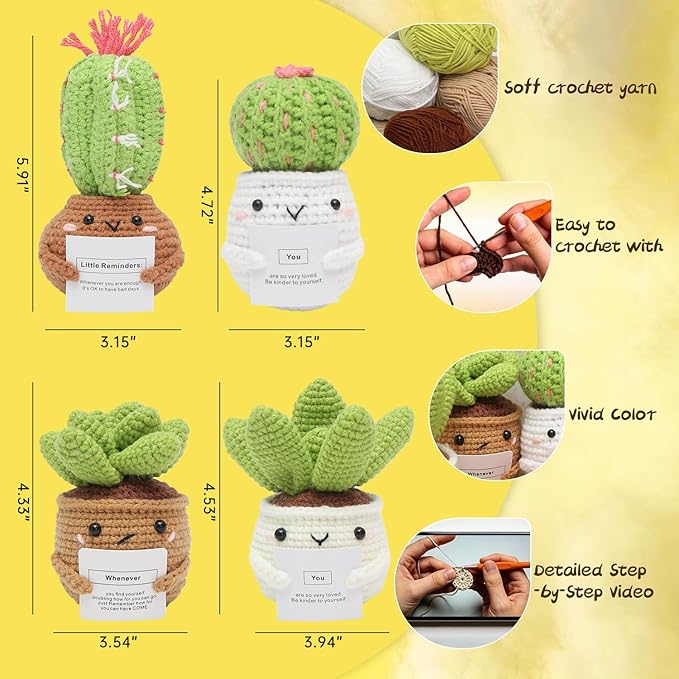 GONELYON Crochet Kit for Beginners, Beginner Crochet Starter Kit, 4 Pc Potted Plants Family Kits with Step-by-Step Video Tutorials, Learn to Crochet Kits for Adults and Kids