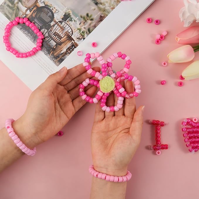 1200Pcs 6x9mm Pony Bead for Bracelet Making Kit, 5 Style Pink Colors Kandi Beads Bulk for Friendship Bracelet Kit, Hair Beads for Braids with Stretch Cord and Scissors