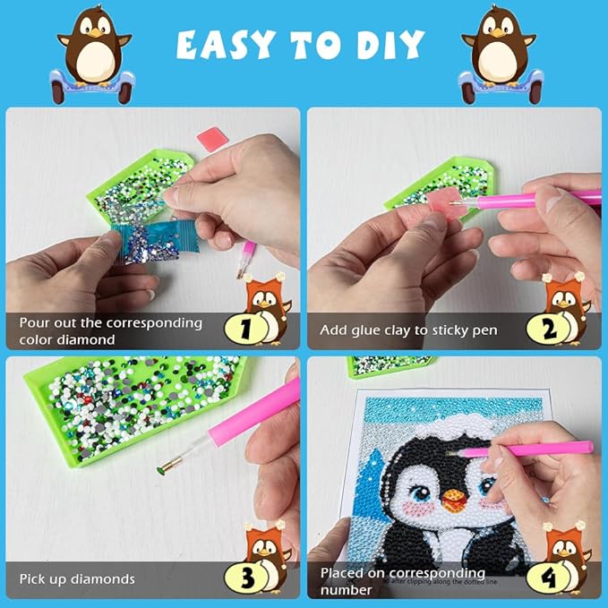 QEUOYSS Diamond Art Kit for Kids with Wooden Frame Art and Crafts for Kids Ages 6-8 -10-12 Easy to DIY Diamond Art for Kid and Adult Beginners Home Wall Decoration (Penguin)