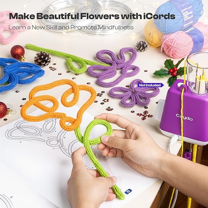 Caydo i Cord Flower Making Kit with 20 Flowers & 4 Leaves Templates, 10pcs Yarn and 82ft Craft Wire Kits for Beginner, DIY Florals Handicraft Making Kit, Learn to Knitting iCord with i Cord Maker Tool