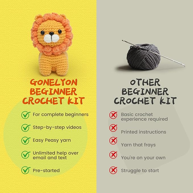 GONELYON Crochet Kit for Beginners, 3Pcs Amigurumi Crochet Animal Kits, Crocheting Kit for Starters Adult with Step-by-Step Video Tutorials, Animal Kits with Highland Cow, Lion, Bunny