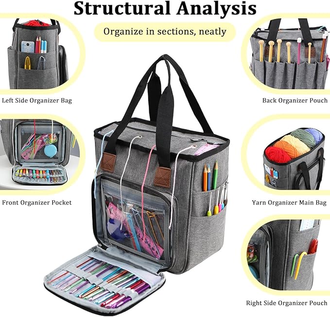 ZBEZBE Knitting & Crochet Tote Bag, Multi-Pocket Yarn Storage Organizer, Portable Yarn Holder for Knitting Needles, Crochet Hooks, Yarn Skeins & Craft Supplies