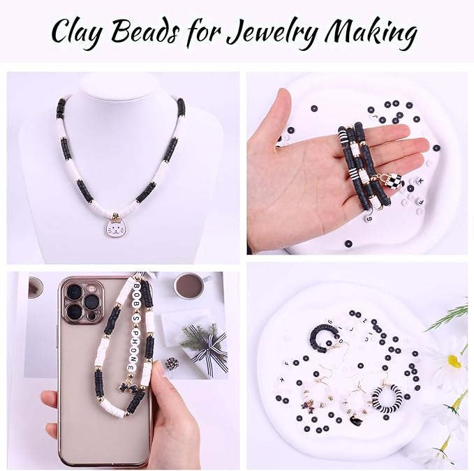 Wuollgess 3500 PCS Black White Clay Beads Kit for Bracelets Making, Polymer Heishi Beads for Jewelry Making, Friendship Bracelet Kit for Adults, Letter Beads for Necklace Earring DIY