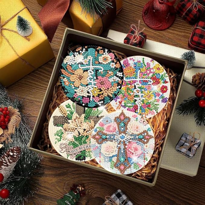 igoodom 8 Pcs Cross Diamond Art Coasters Kit with Holder, DIY Cross Diamond Painting Coasters for Beginners Adults, Non Slip Diamond Art Kits Craft Supplies 4x4inch