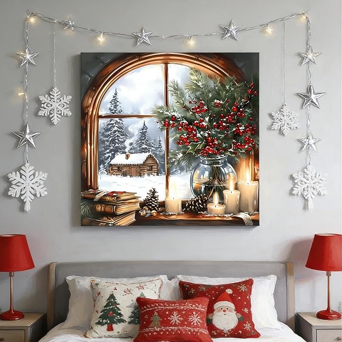 DIYDECORFUN Christmas Window Diamond Art Kits for Adults, Winter 5D Xmas Diamond Painting Kit for Beginner, DIY Full Drill Paint with Diamond Dot Gem Painting for Decor Gift14 x14 Inch