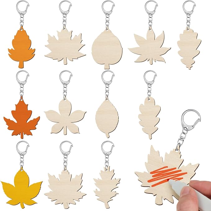 Trnayi 36 Pcs Thanksgiving Maple Leaf Wood Crafts Color Your Own Maple Leaf Keychains DIY Coloring Gifts for Thanksgiving Painting DIY Arts Crafts Project Home Decoration