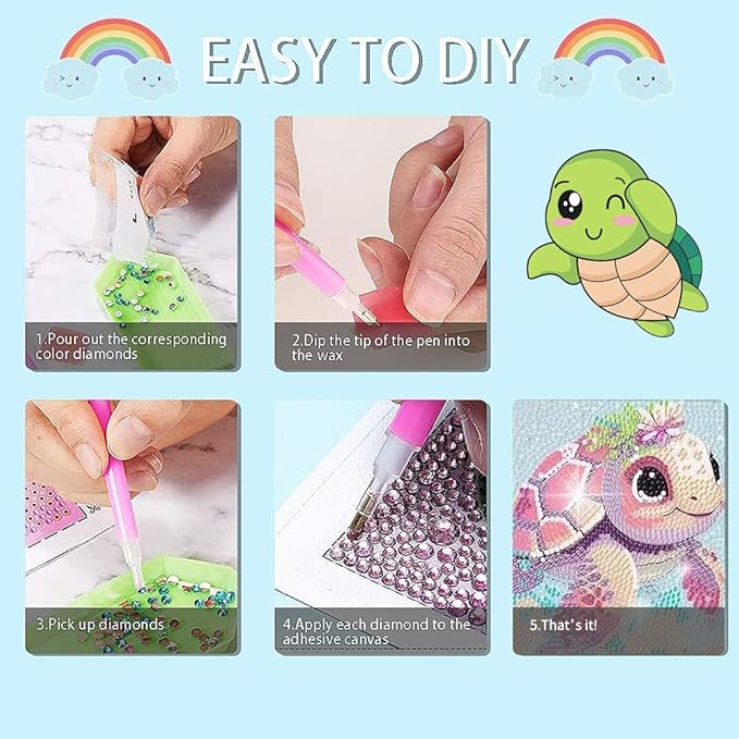 PERFECTSIGHT Cute 5D Diamond Art Kits with Wooden Frame, Kawaii DIY Painting Art for Adults Teen, Diamond Arts and Crafts Sets, Big Gem Full Drill Diamond Dots for Women Beginners (Turtle)