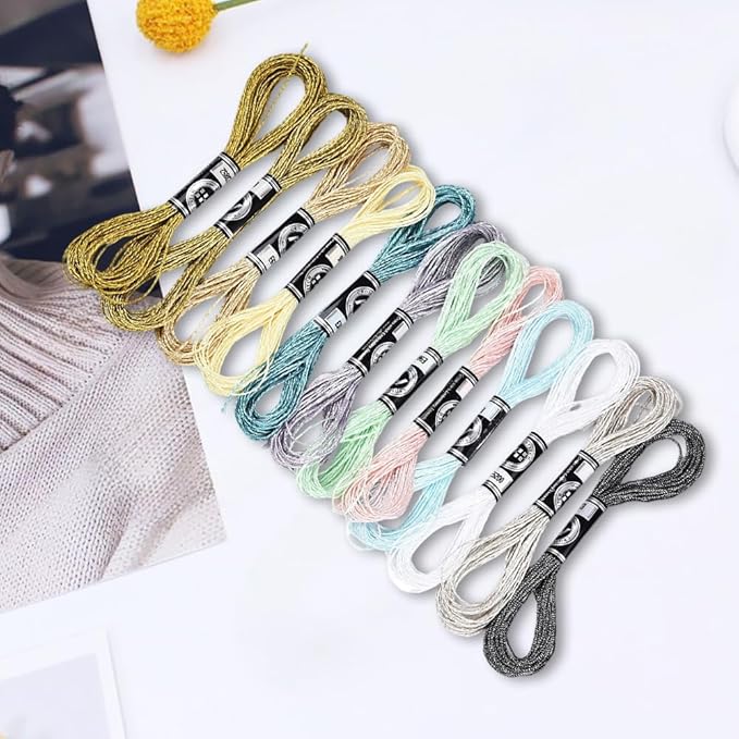 12 Skeins 6 Strands Metallic Hand Embroidery Floss Glitter Friendship Bracelet String Colorful Sparkly Polyester Cross Stitch Thread Bulk Set for Sewing Crafts Jewelry Bracelets Making DIY