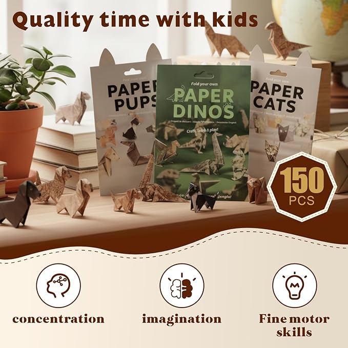 150 Sheets Origami Paper Kit, 3D Cat Dog Dinosaur Animals Paper Folding Craft Set - DIY Creative Art Activity for Adults & Adolescents, Educational Toys, Desk Decor Gift for Animal Lovers