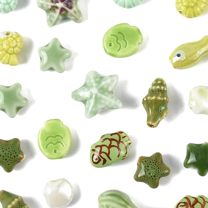 26Pcs Porcelain Ceramic Ocean Beads, 13 Styles Sea Seashell Fish Conch Starfish Porcelain Loose Spacer Beads for DIY Necklaces Bracelets Crafts Supplies