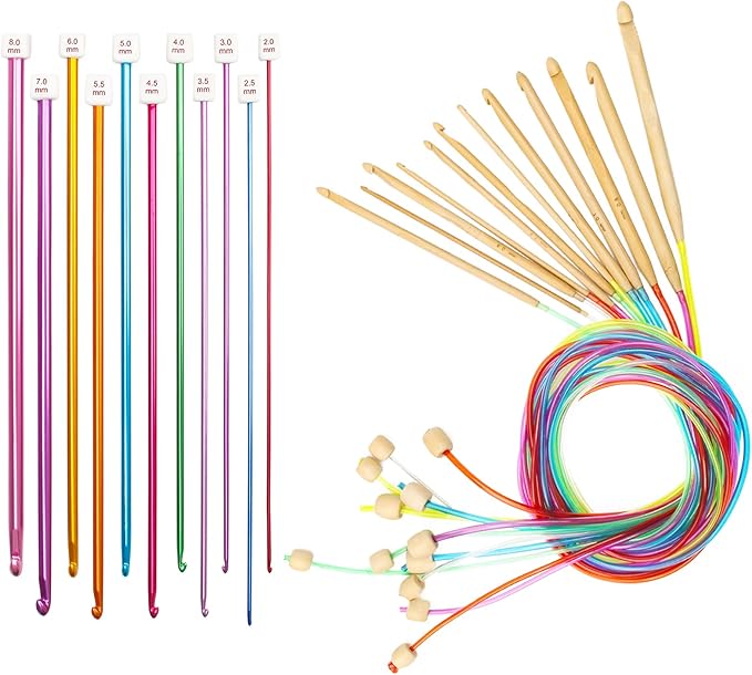 23 Pieces Tunisian Crochet Hooks Set, AHIER 12PCS Crochet Hooks 3-10mm and 11PCS Tunisian Afghan Aluminum Knitting Needles Set 2-8mm (Assorted Color) (Colorful)