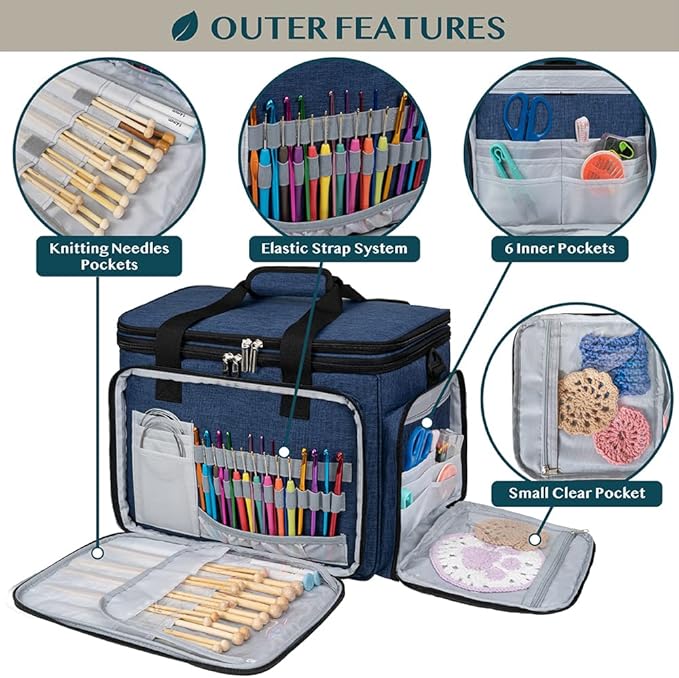 PAVILIA Knitting Bag Yarn Storage Tote, Large Crochet Organizer Bag, Yarn Storage Holder for Crocheting Knitter, Knitting Project Bag, Crochet Accessories Set, Gifts For Crochet Lovers, Heather Navy
