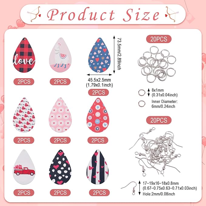 Beadthoven Wood Earrings Making Kit Teardrop Wood Big Pendants Colorful Wooden Charms with Heart Flower Printed Earring Hooks Jump Rings for Women Earring Jeweley Making Valentine’s Day