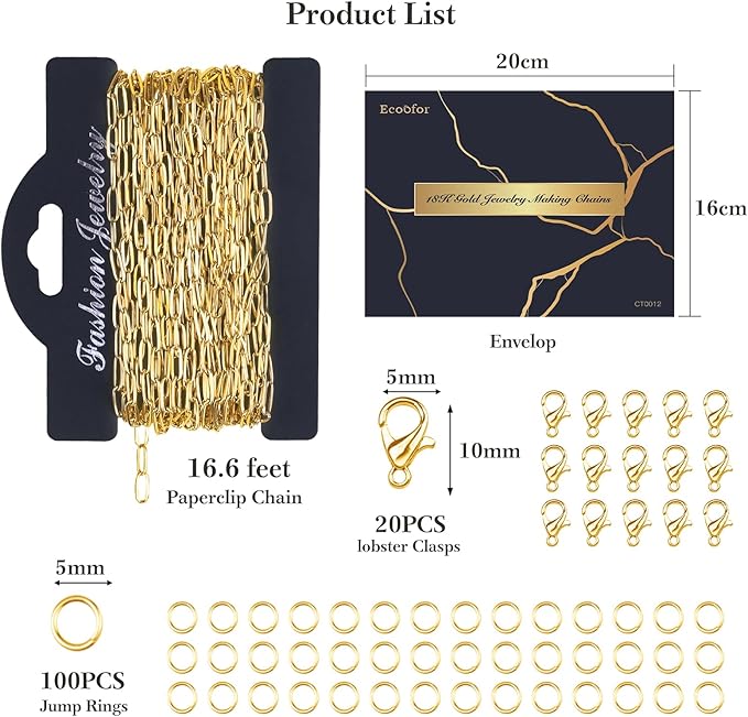 18K Gold Chain for Jewelry Making – Stainless Steel Paperclip Chain, 16.6 Feet DIY Bracelet Necklace Kit with 100 Jump Rings, 50 Clasps, 26 Letter Pendants & 30 Colorful Charms