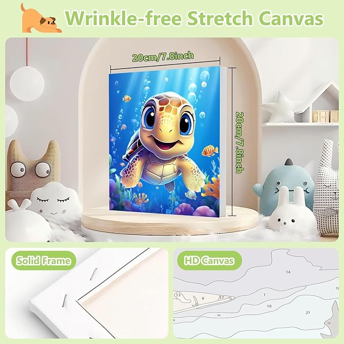 Reivworl Paint by Numbers Kit for Kids with Frame and Easel, Sea Turtles Paint by Number for Kids Age 6-8-12, Acrylic Paint by Numbers for Gifts and Home Decor (8X8inch)