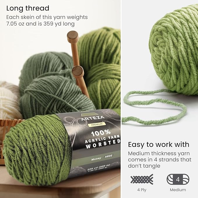 ARTEZA Acrylic Yarn for Crocheting, 4 x 200-g Skeins of Worsted Yarn for Knitting, Mossy A602, Knitting & Crochet Supplies