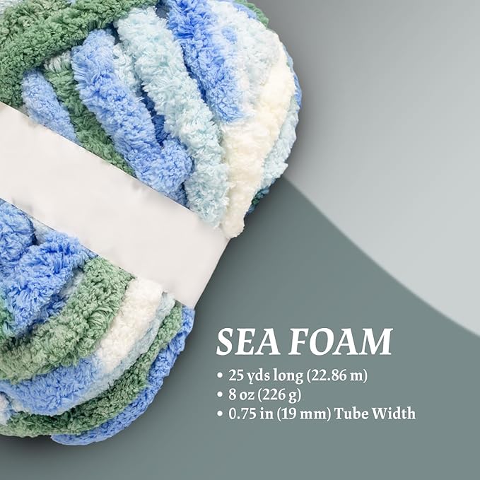 Super Soft Chunky Chenille Yarn – 8 Skeins × 8 oz (25 Yards Each) Jumbo Bulky Yarn for Crochet & Hand Knitting Blankets, Sweaters, Cushions, DIY Projects (Sea Foam)