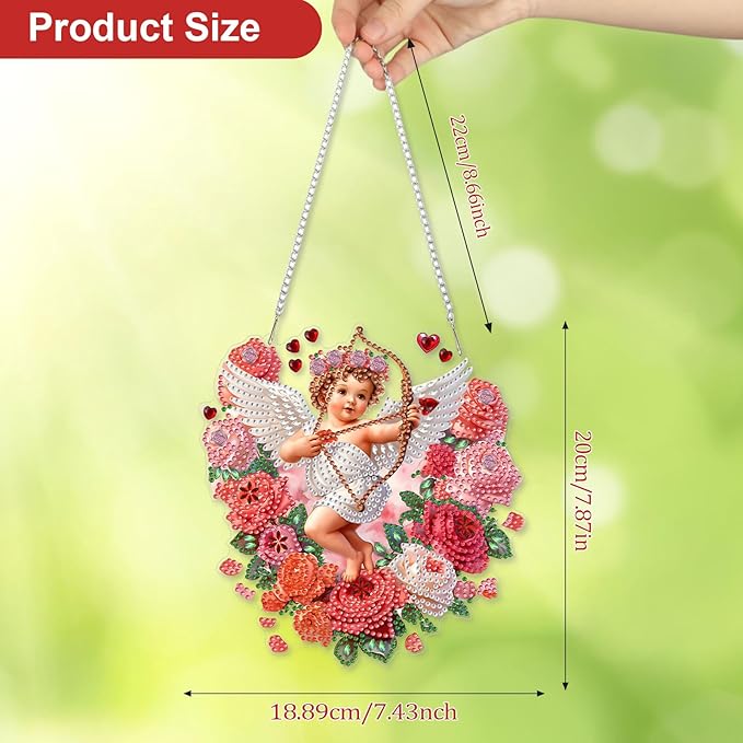 CEOVR Valentine's Day Hanging Diamond Art for Adults, Cupid Special Shape Diamond Painting, DIY Gem Art Wall Hanging Ornament, Acrylic Home Garden Decor with Chain, Box Kit 7.43×7.87inch