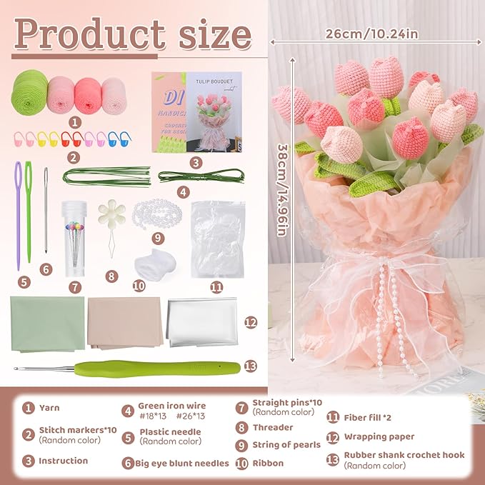 Iuuidu Crochet Kit for Beginners, Crochet Flower Bouquet Kit Pink, Beginner Crochet Kit for Adults, Crochet Flower Bouquet with Step-by-Step Video Tutorials for Birthday, DIY Craft Home Decor