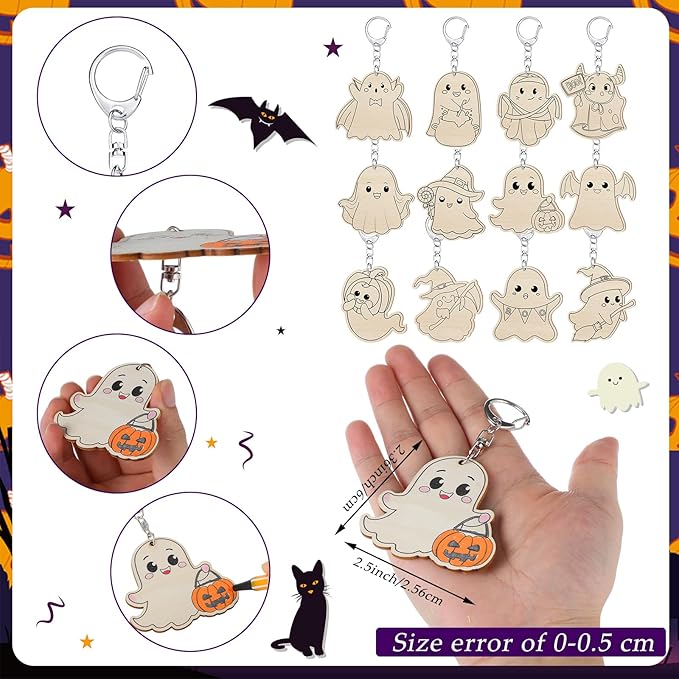 Trnayi 36 Pcs Halloween Ghost Unfinished Wooden Craft Keychains Color Your Own Ghost Keychains DIY Blank Wood Painting DIY Crafts for Halloween Gifts Home Decor