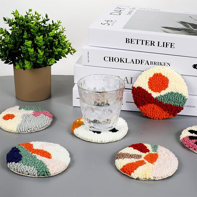 Punch Needle Coaster Kit for Beginners 6 Patterns Scenery Designs Embroidery Punch Needle Kit with Adhesive Felt Yarns Hoop Instruction Punching Decoration DIY Coaster Art Kits for Adults Beginner Kid