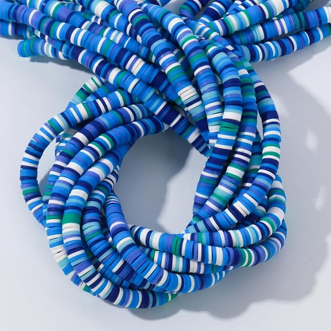 3600pcs Mixed Blue Clay Beads for Bracelets Making, 10 Strands Flat Round Polymer Clay Disc 6mm Spacer Heishi Beads for Jewelry Making Earring Necklace (Mixed Blue, 6mm)