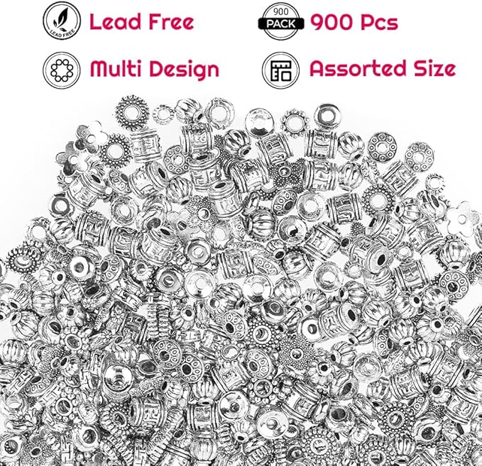 Cridoz Metal Spacer Beads for Making Bracelet, Necklace, Jewelry Making and Findings Accessories, 900Pcs, Silver