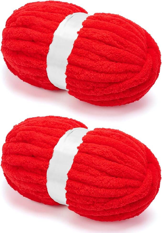 Chunky Chenille Yarn for Crocheting/Arm Knitting, Super Soft Jumbo Knit Blanket Yarn Red 2 Pack (32 yds, 8.5 oz Each Pack)