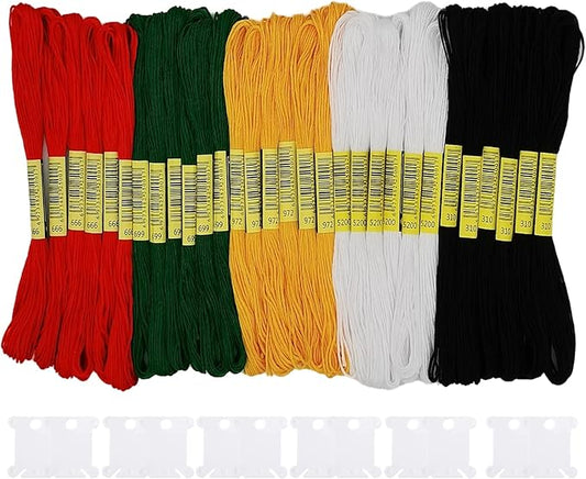 30 Skeins Embroidery Thread,Black White Red Green Golden Embroidery Floss for Cross Stitch and DIY Art Craft,Friendship Bracelets String,with 12 PCS Floss Bobbins