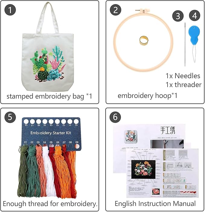 CREAWONDER Canvas Tote Bag Embroidery Kit with Pattern for Beginners, Arts and DIY Embroidery Crafts Kits for Adults, Include Instructions, Thimble, Embroidery Hoops, Color Threads and Tool
