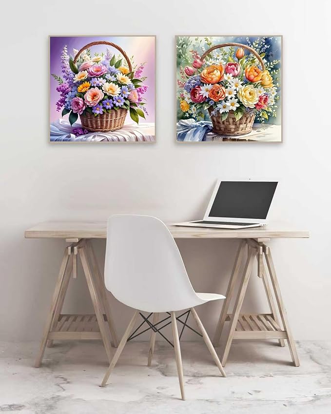 askkqtx 4 Pack Flowers Diamond Art Kits for Adults, Floral Basket Diamond Painting Kits for Beginners, DIY 5D Round Full Drill Crystal Diamond Dots Rhinestone Gem Art Craft Home Decor 12x12 Inch