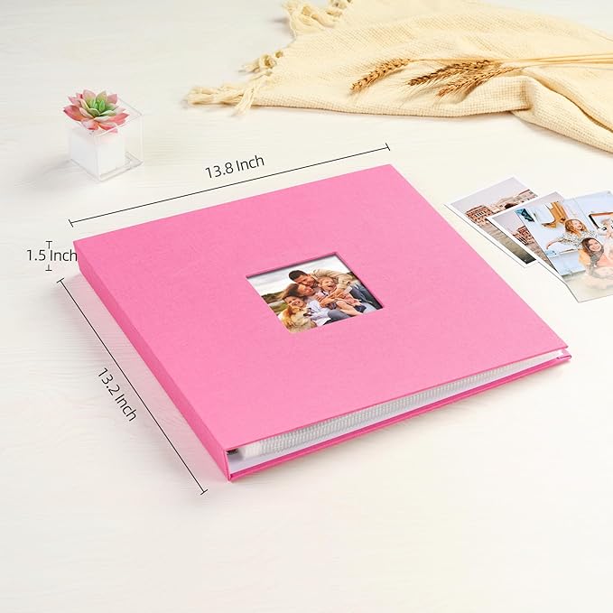Mublalbum 12x12 Inch DIY Scrapbook Photo Album with 40 Plastic Sleeves 80 Pages Linen Cover 3 Ring Folder Binder for Wedding Baby Family and DIY Projects (Pink)