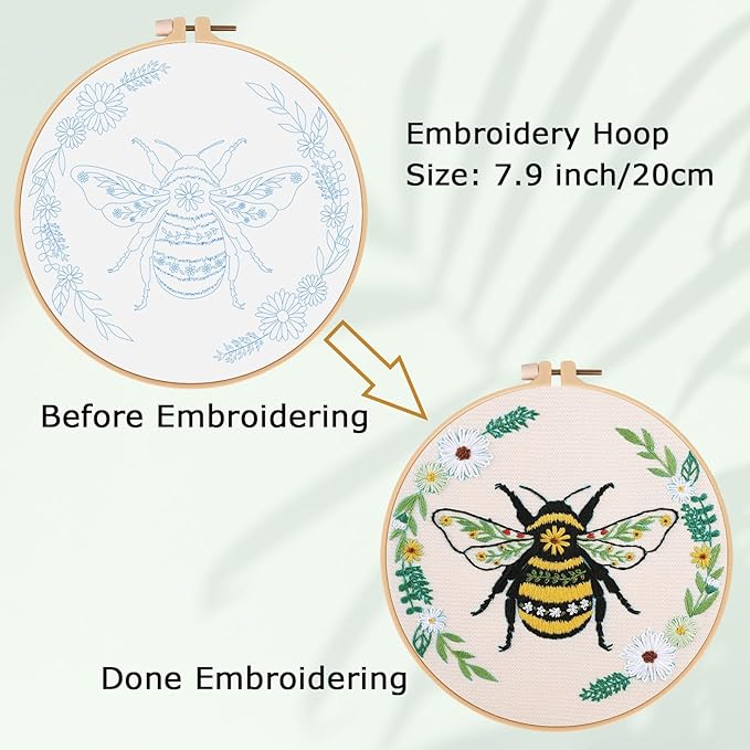 Louise Maelys Bees Embroidery Kits for Beginners, DIY Cross Stitch Starter Craft Kit for Adults Including Cloth with Pattern, Hoop, Needles Instruction and Threads