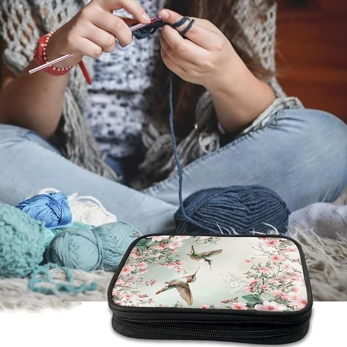 Hechitok Hummingbird Flower Crochet Hook Case, Zipper Storage Organizer Bag with Web Pockets for Crochet Needles/Knitting Accessories/Crochet Hook Kit Tools Easy to Hold